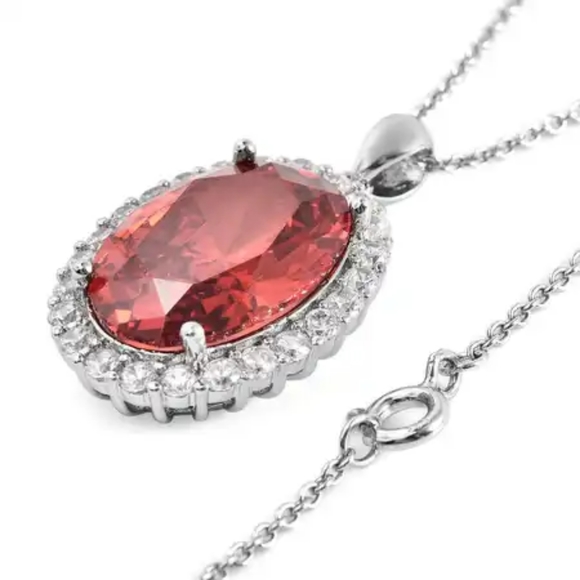 Red and White Diamond Simulate Halo Pendant Stainless Steel Necklace - Picture 3 of 5